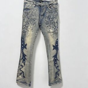 🔥 Amiri Flame Jeans | Pearl Crystal Embellished, Light Wash Distressed